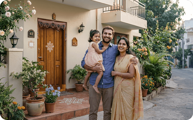 A family in front of their new home